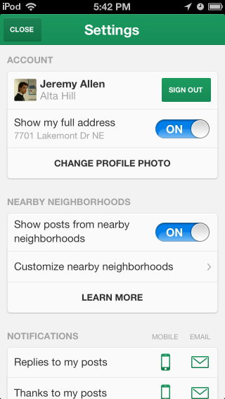 Settings screen